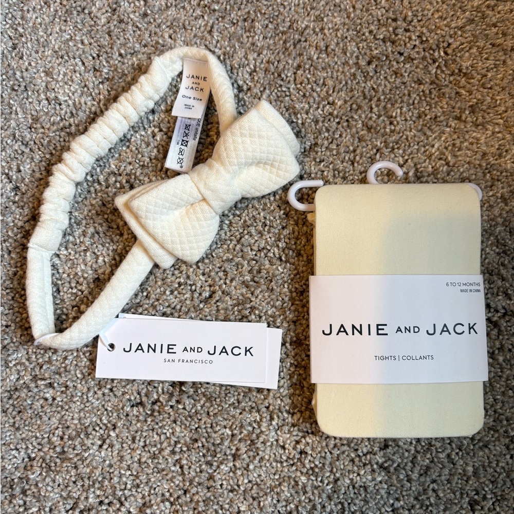 NWT Janie and Jack Baby Ivory Bow Headband and 6-12mo Tights Set